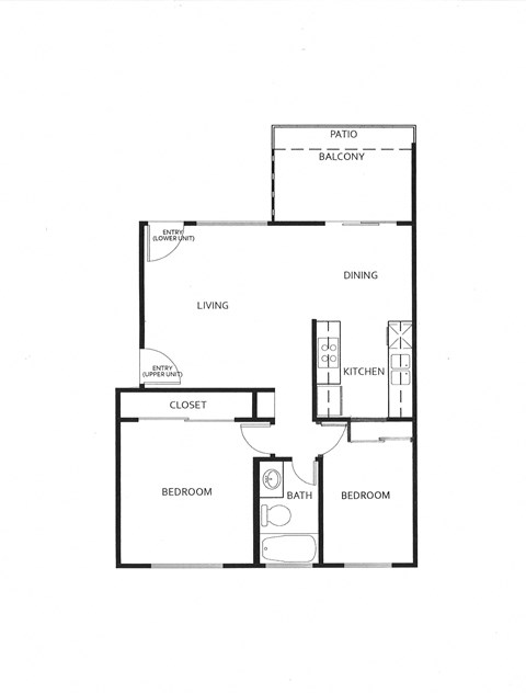 Floor plan for 2 beds, 1 bath, 780 sqft